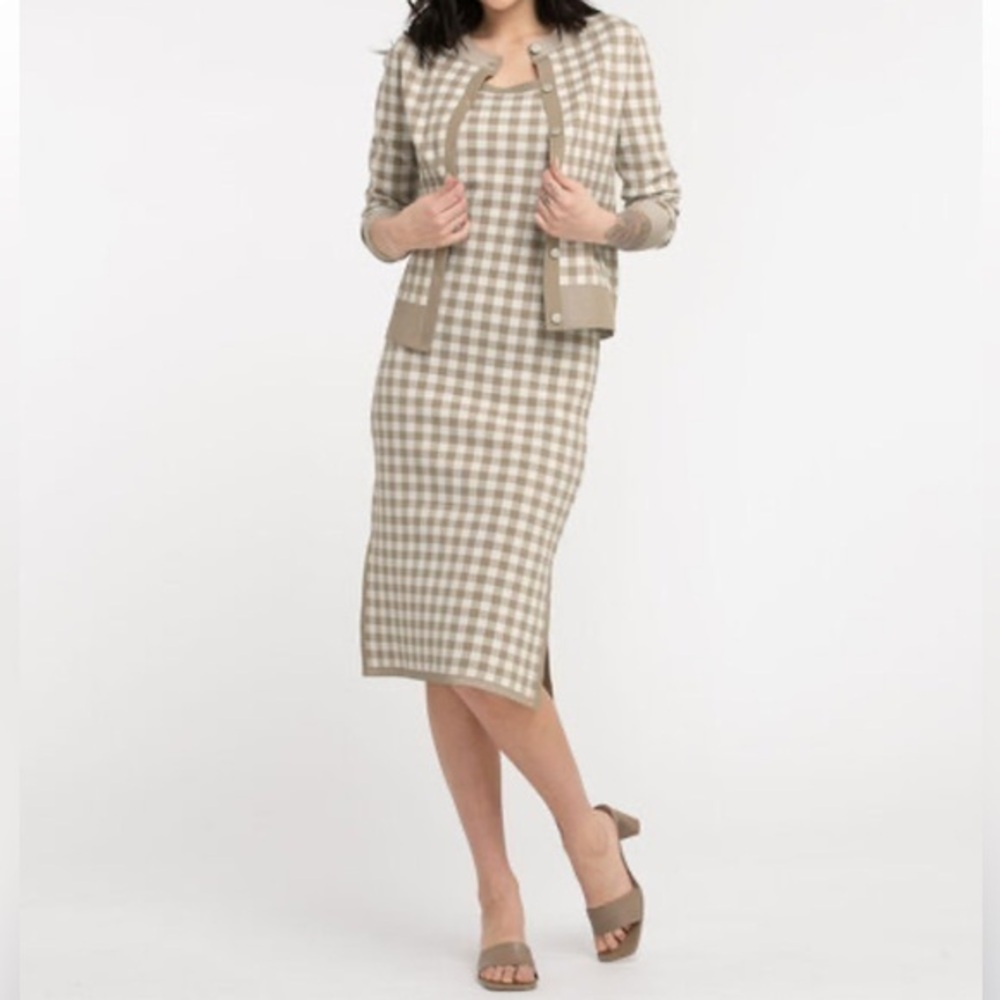 Cleo Midi Beige & Creme Knit Checkered Dress Size Large